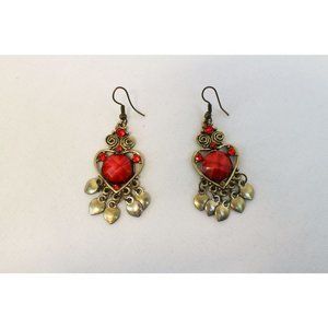 Vintage Gold & Red Hearts Dangle Drop Earrings